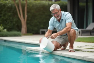 Homme d'âge moyen versant du sel dans une piscine extérieure