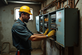 Électricien examinant un ancien tableau électrique vintage dans une cave