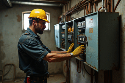 Électricien examinant un ancien tableau électrique vintage dans une cave