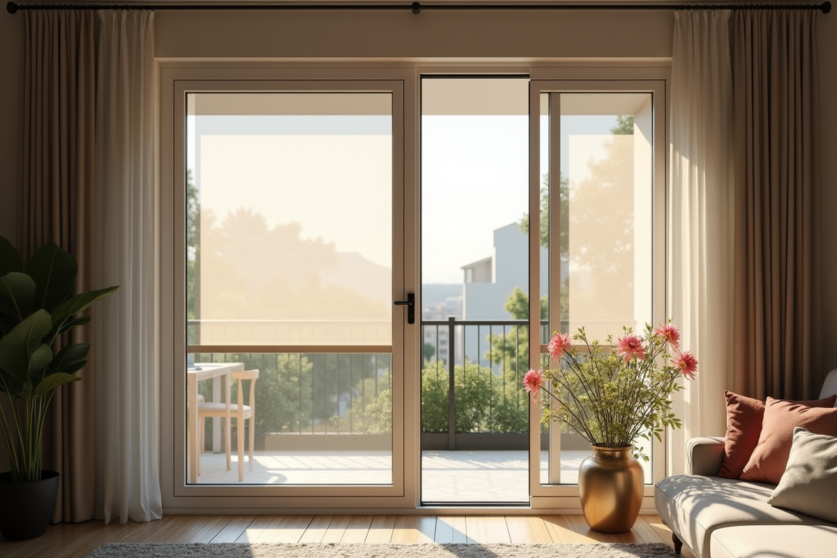 Appartement contemporain avec grande fenêtre et moustiquaire en place