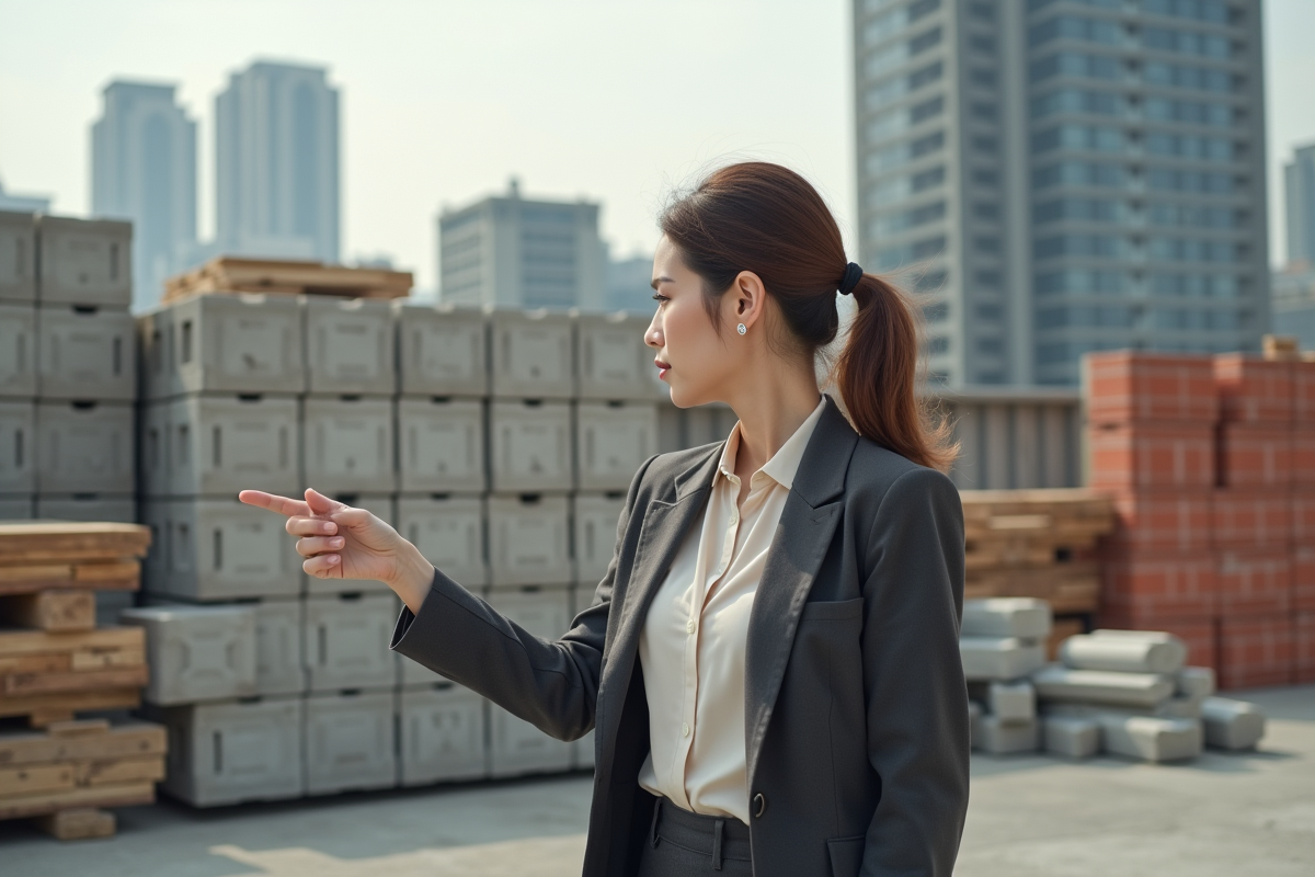 Jeune architecte pointe des matériaux de construction extérieurs