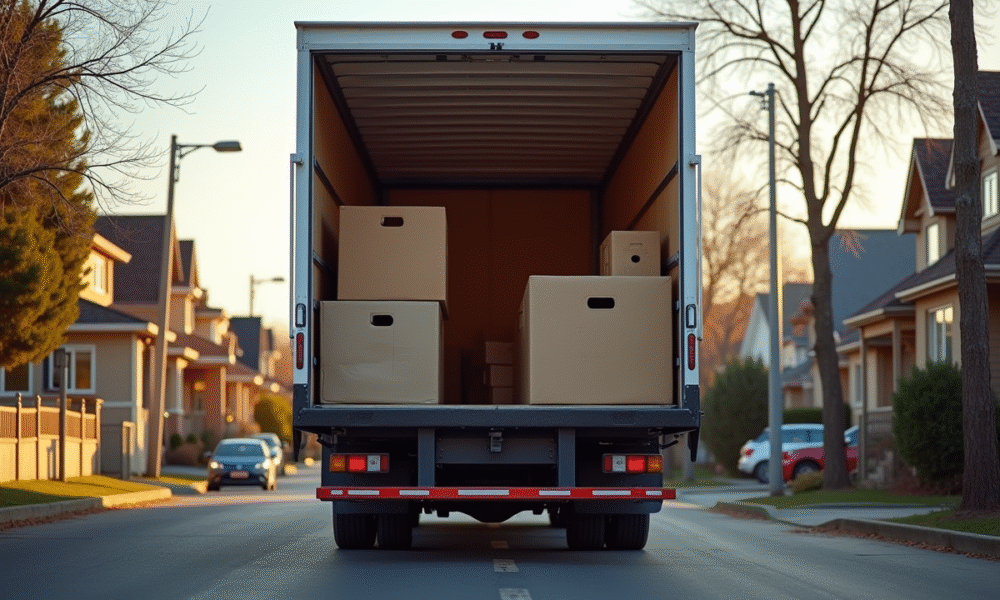 Camion de déménagement bien éclairé dans la rue résidentielle