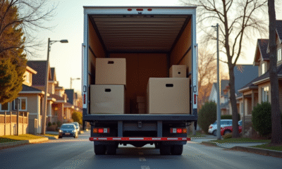 Camion de déménagement bien éclairé dans la rue résidentielle