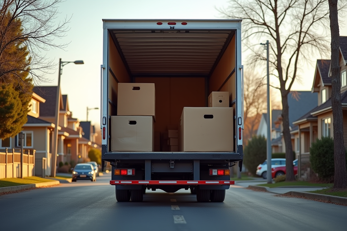 Camion de déménagement bien éclairé dans la rue résidentielle