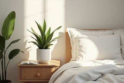 Chambre chaleureuse avec lumière douce du matin et plantes vertes
