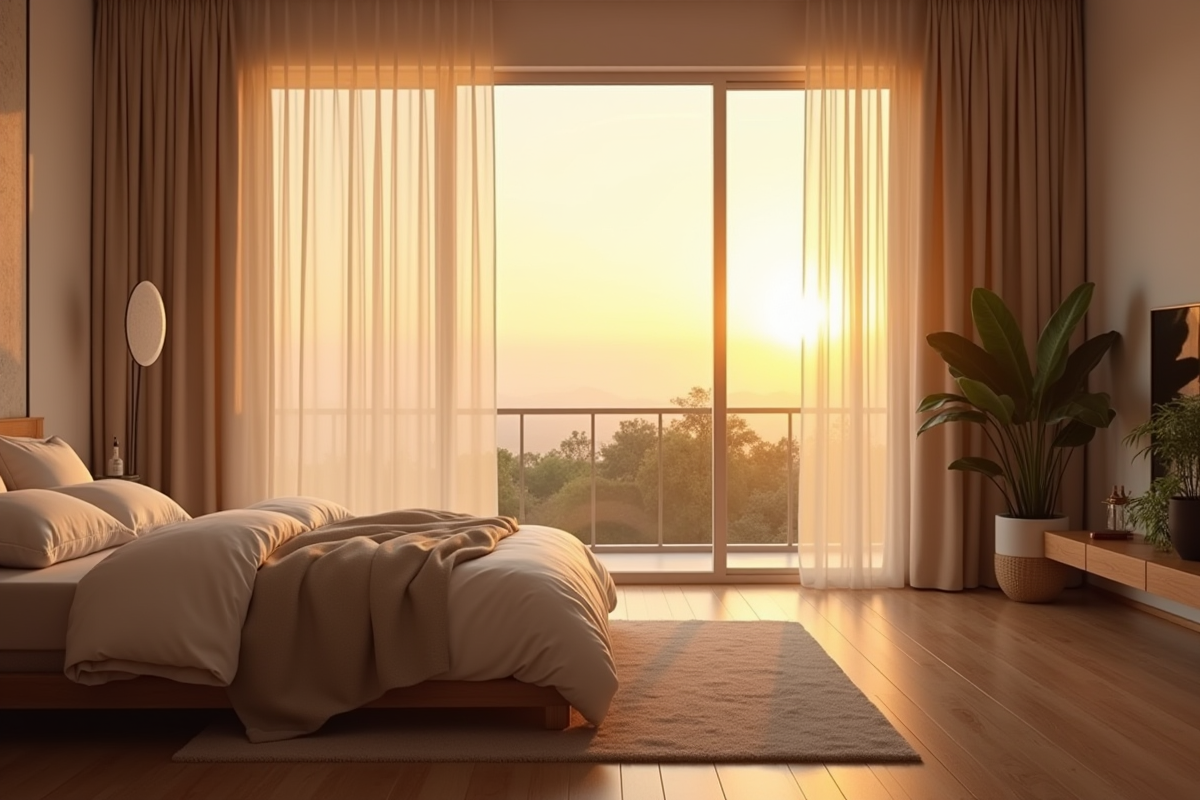 Chambre minimaliste au coucher du soleil avec plantes et lumière dorée