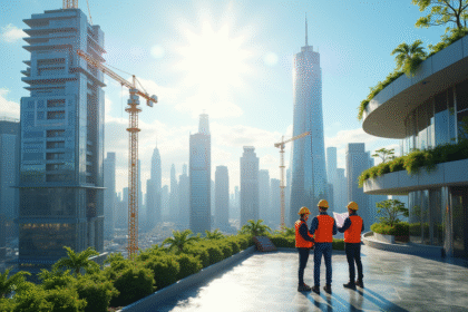 Ville futuriste avec bâtiments écologiques et ouvriers