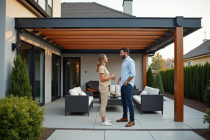 Couple en discussion avec un installateur devant une pergola en aluminium