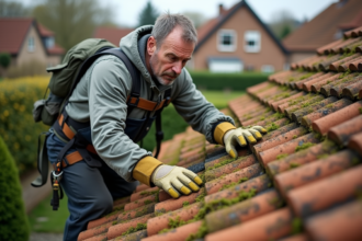 Couvreur nettoyant la mousse sur un toit en tuiles en extérieur