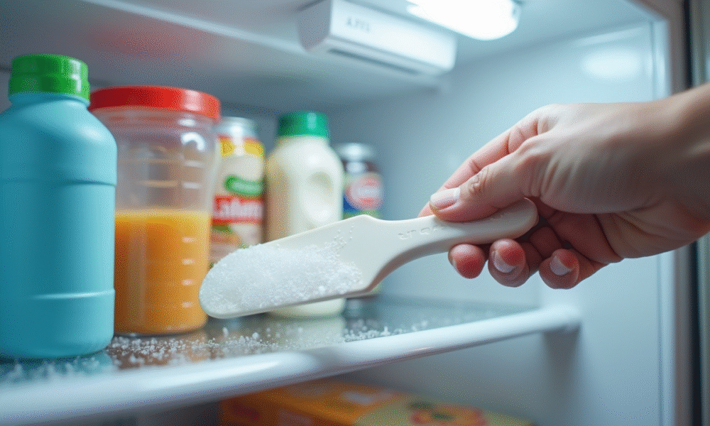 Personne déneigeant un congélateur propre et organisé