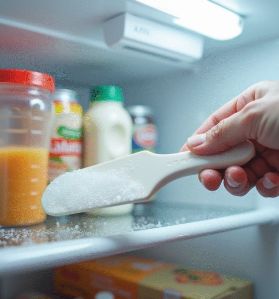 Personne déneigeant un congélateur propre et organisé
