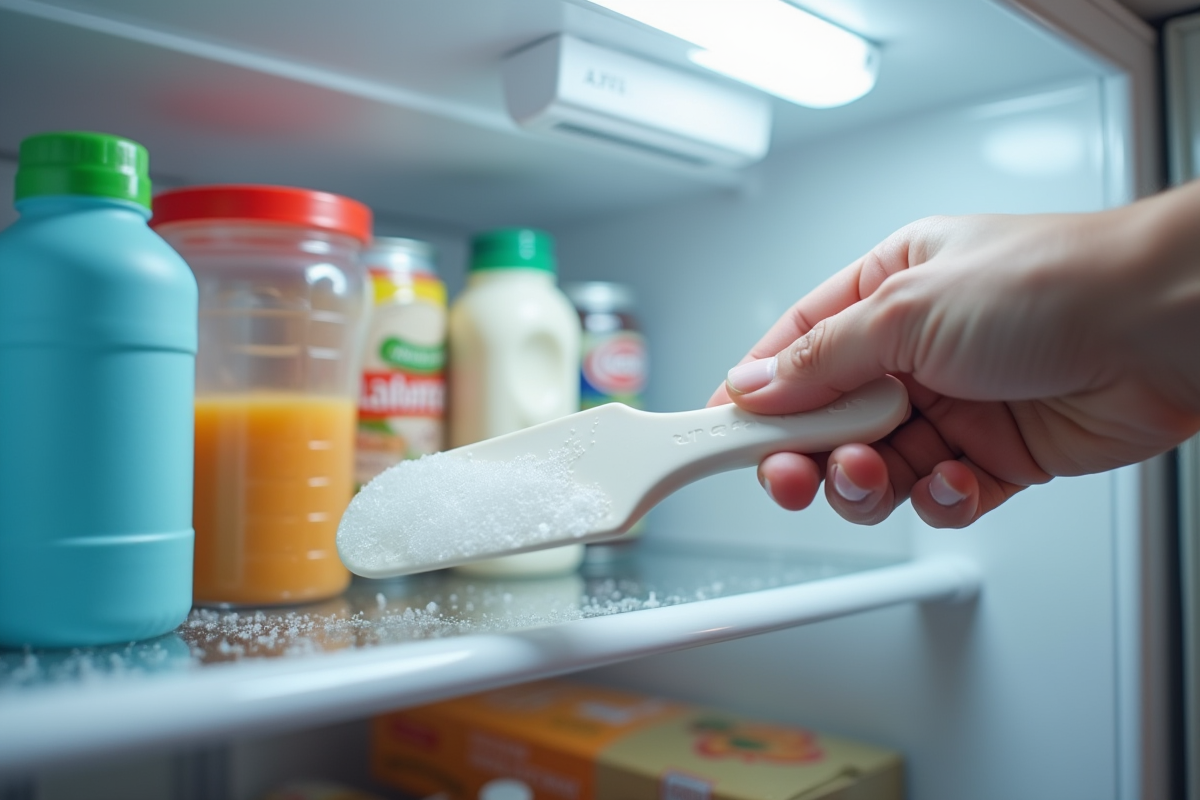 Personne déneigeant un congélateur propre et organisé