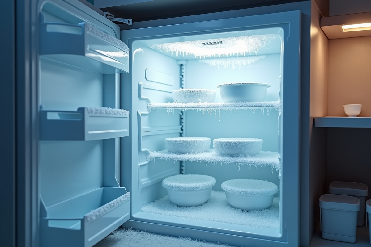 Congélateur ouvert avec de la glace et des bols d
