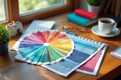 Arrangement de tissus colorés et roue chromatique sur un bureau