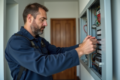 Électricien homme vérifiant un panneau électrique moderne