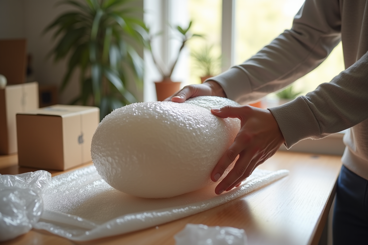 Mains enveloppant un objet fragile avec du papier bulle sur une table