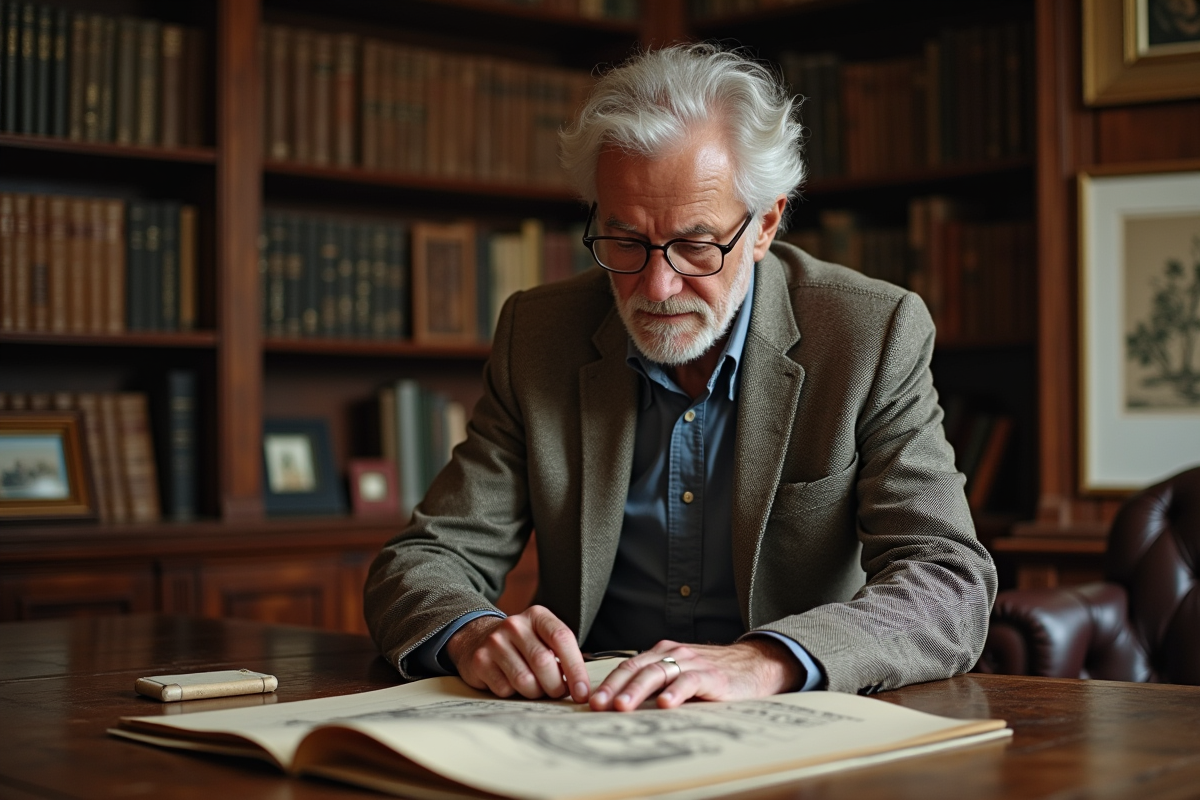Expert en antiquites examinant un poster vintage dans son bureau