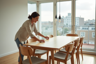 Femme arrangeant des chaises autour d'une table ensoleillée