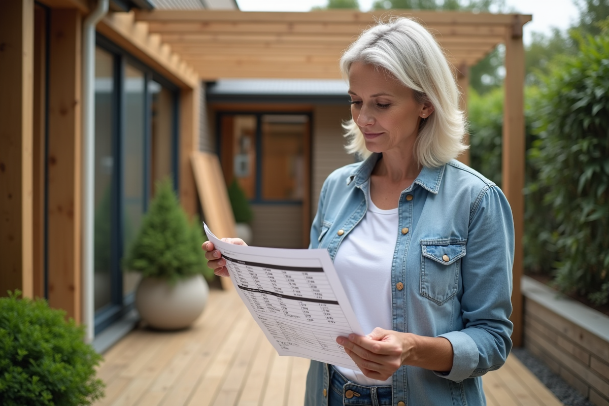 Femme examinant un devis pour une pergola en bois sur sa terrasse