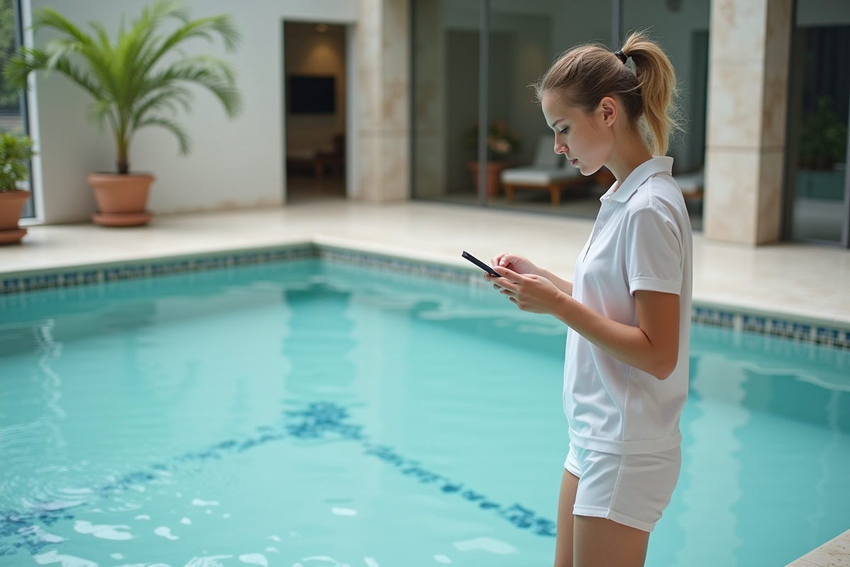 Jeune femme vérifiant une fissure dans une piscine intérieure
