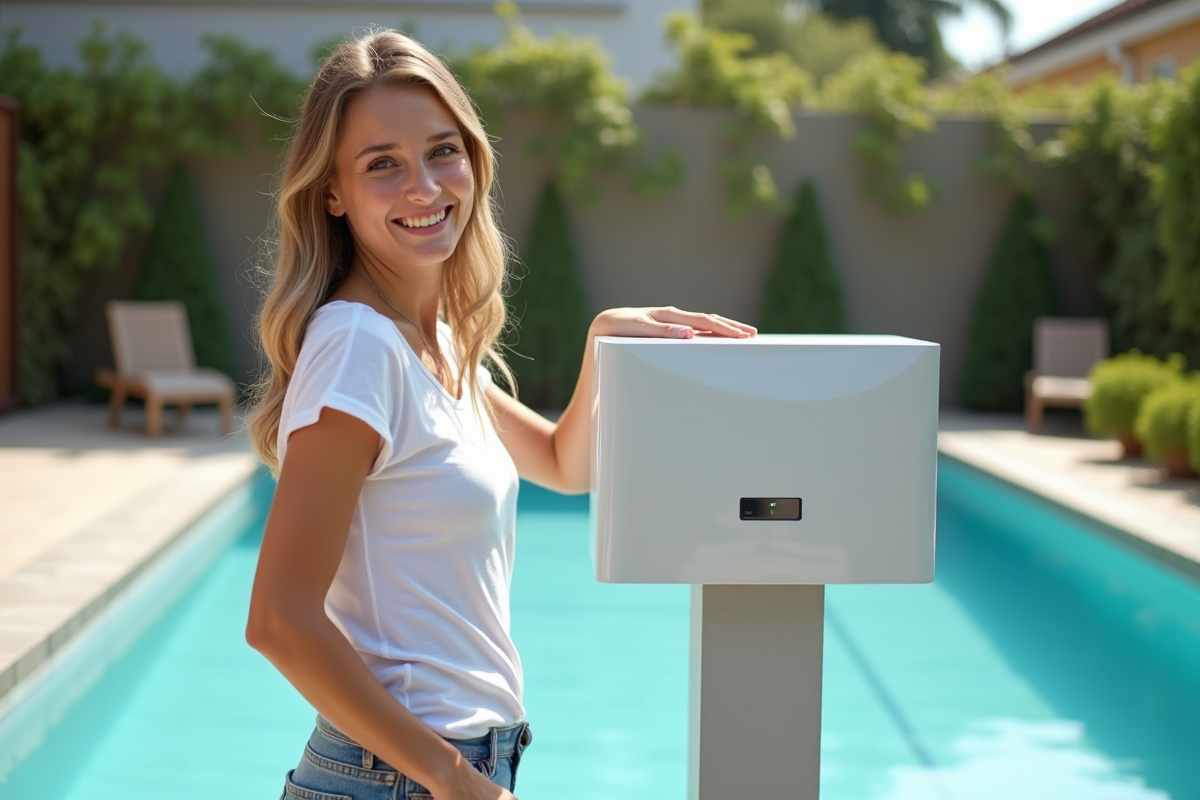 Jeune femme souriante montre un panneau de contrôle de piscine