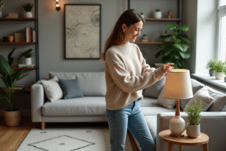 Femme arrangeant une lampe dans un salon moderne et cosy