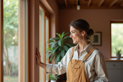 Femme souriante dans une maison écologique en terre cuite