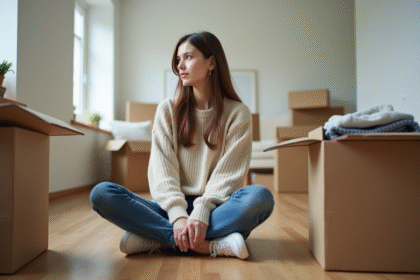Jeune femme assise sur le sol avec cartons en pleine transition