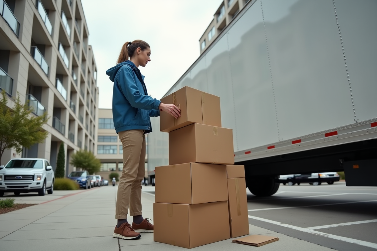 Jeune femme emballant des cartons devant un grand camion