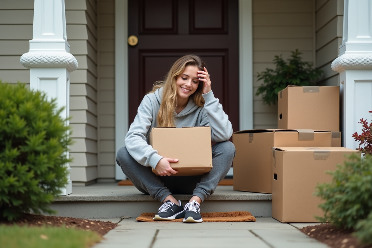 Jeune femme emballant une box sur le pas de la porte