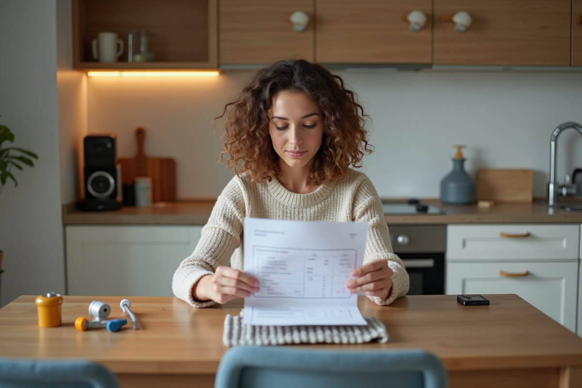 Femme regardant une estimation de plomberie à la maison
