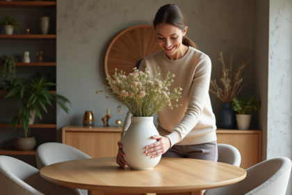 Femme souriante déposant un vase de fleurs dans la salle à manger