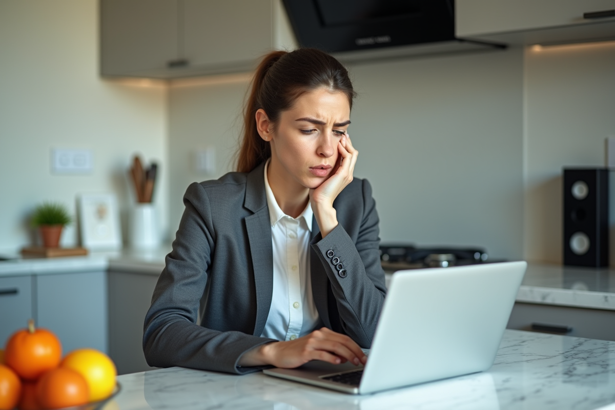 Jeune femme frustrée devant un ordinateur dans une cuisine moderne