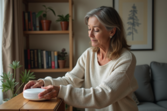 Femme posant un absorbeur d'humidité dans un salon cosy