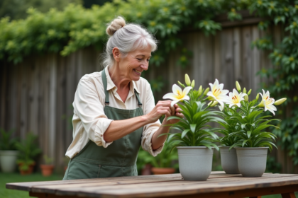 Femme d'âge moyen jardinant avec des lys en pot