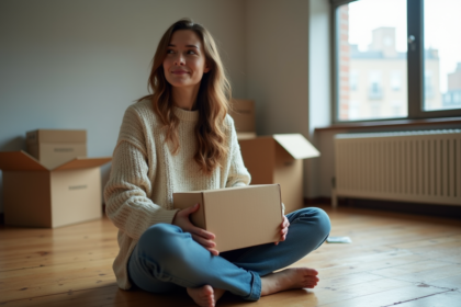 Femme assise dans un salon vide avec cartons de déménagement
