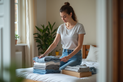 Femme pliant des vêtements dans une chambre lumineuse