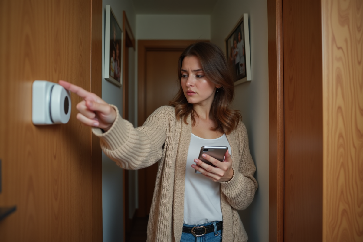 Jeune femme vérifiant un thermostat dans un couloir