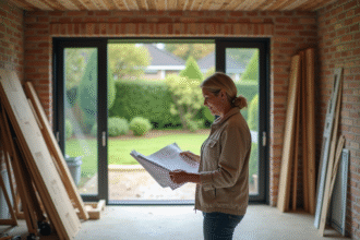 Femme d'âge moyen examine plans de rénovation dans veranda