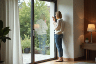 Femme regardant par la grande fenêtre du salon
