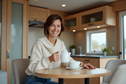 Femme souriante dans un mobilhome en train de servir du thé