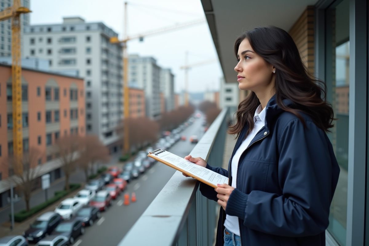 Jeune femme sur un balcon avec estimation des coûts en ville