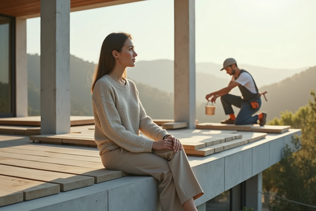 Femme assise observant la construction d