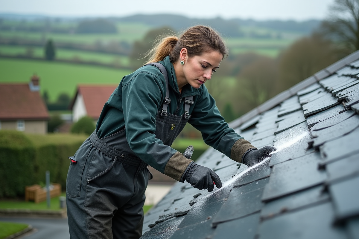 Femme appliquant un traitement sur un toit en ardoise en extérieur