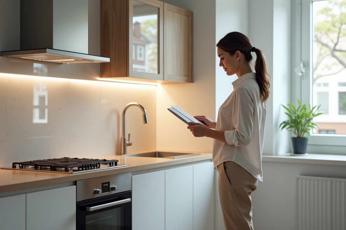 Jeune femme inspectant un nouvel appareil de cuisine avec manuel