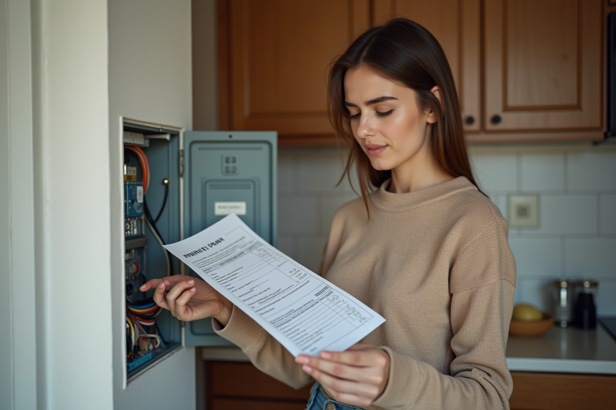 Jeune femme examinant un devis électrique dans un appartement