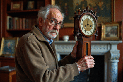 Homme agee ajustant un pendule ancien dans un bureau chaleureux