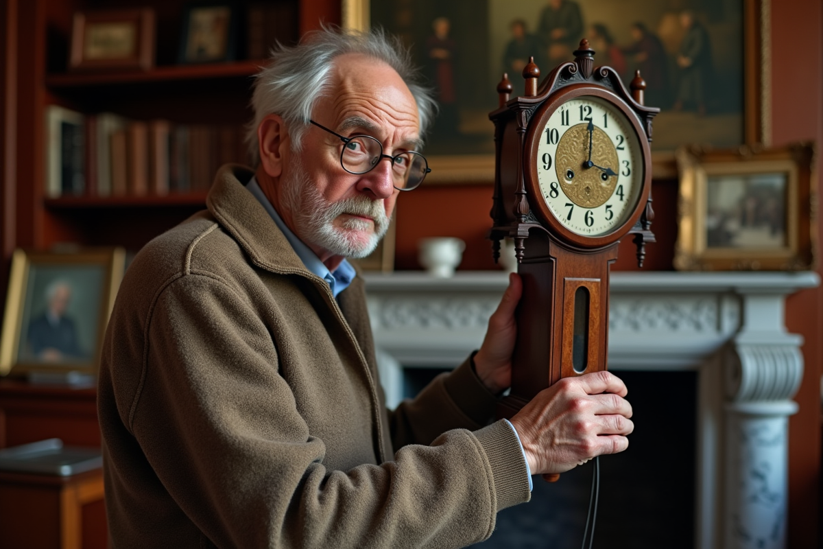 Homme agee ajustant un pendule ancien dans un bureau chaleureux