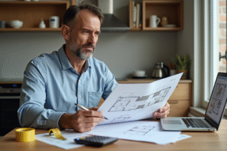 Homme d'âge moyen avec plans de rénovation dans une cuisine