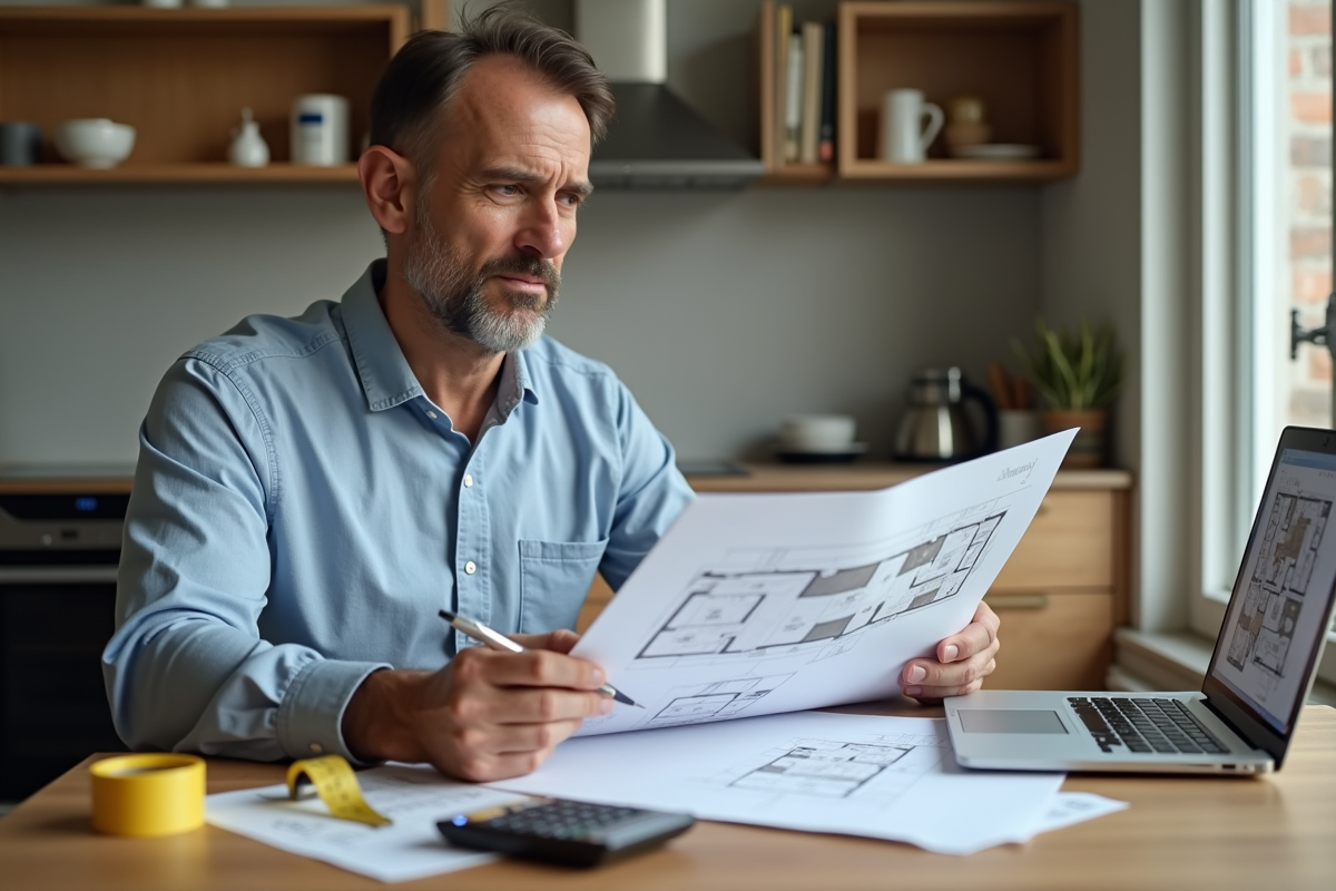 Homme d'âge moyen avec plans de rénovation dans une cuisine